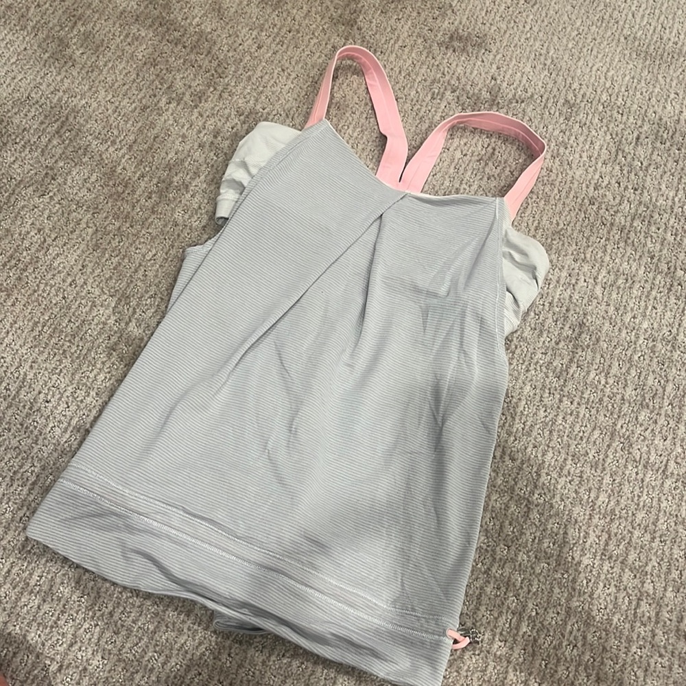 Lululemon tank with built in bra grey white strips with pink straps size 8
